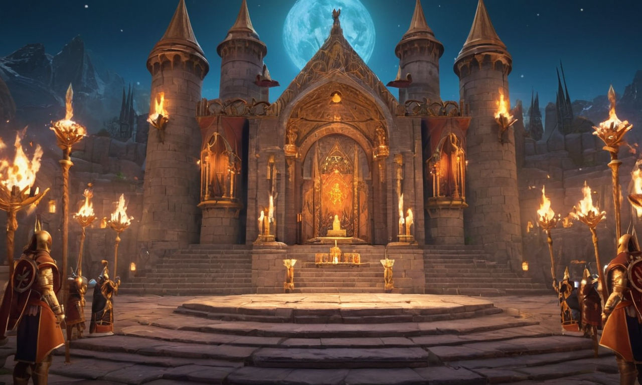 A detailed and informative image prompt for the article "Optimizing the Altar in Lords Mobile for Strategic Advantage":

An intricate medieval-style altar building with glowing magical crystals and banners, surrounded by troops training grounds and defensive walls, illustrating the strategic benefits and power enhancement in a virtual kingdom setting.
