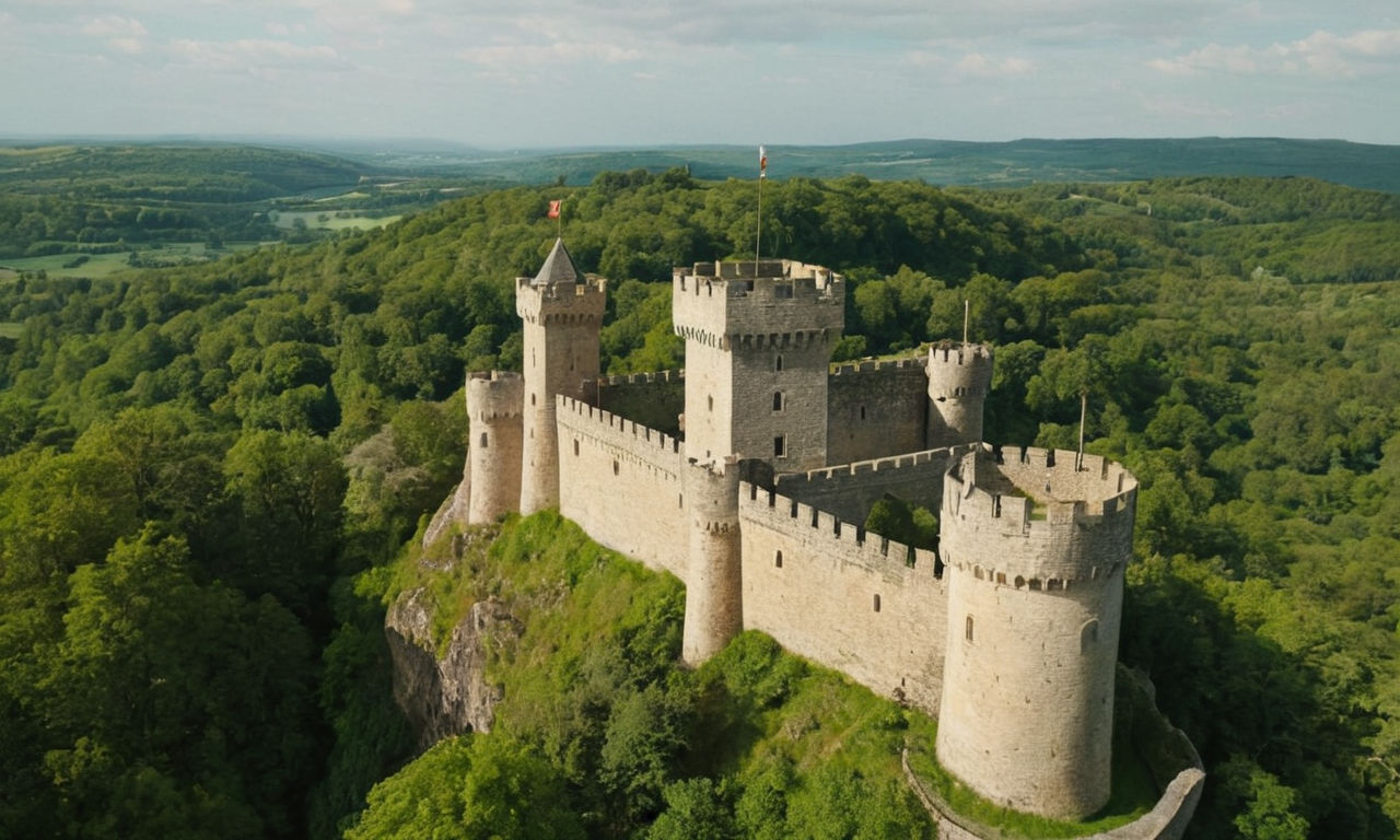 An image of a fortified medieval castle surrounded by lush green trees, with a watchtower overlooking the landscape, shields and swords displayed on the walls, symbolizing defense and protection in a strategic setting.
