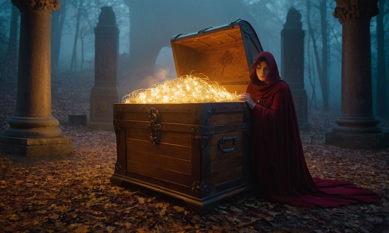 A stealthy cloak draped over a glowing treasure chest, shielded by mystical barriers and magical wards, hidden among swirling mist and shadowy figures. 
