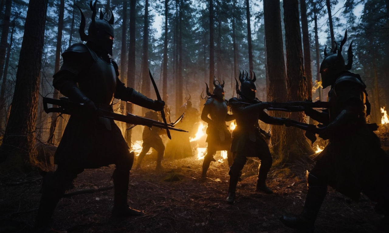Fantasy-themed monster silhouette with glowing eyes in dark forest setting, heroes with weapons and armor preparing to battle, detailed troop formations for strategic combat.
