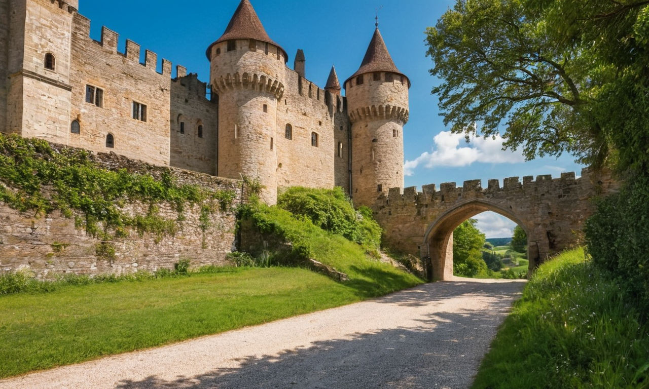 Detailed and realistic image prompt: 
A grand medieval castle under a clear blue sky, surrounded by lush greenery and a sparkling moat. The castle features intricate stone walls, towering turrets, and fluttering flags. In the foreground, a pathway leads to a sturdy wooden gate, hinting at the majestic upgrades awaiting inside.
