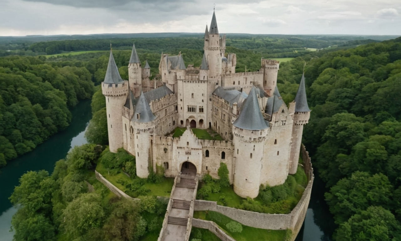 A majestic medieval castle floating in the clouds, surrounded by lush greenery and a shimmering moat, detailed architecture and towering turrets in a mystical setting.
