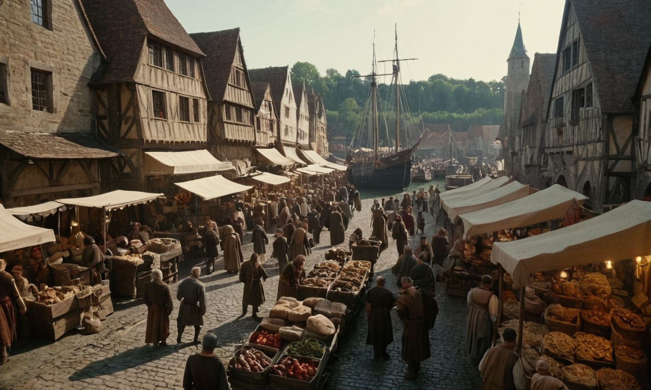 A vibrant and bustling medieval market scene with merchants trading goods, various items being exchanged, and a cargo ship docked nearby for resource transportation. The market is filled with activity, showcasing a dynamic economy and trade in action.
