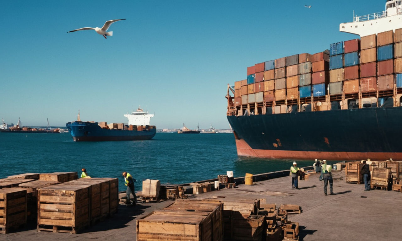 A bustling cargo ship dock scene at a vibrant port, filled with various crates, barrels, and goods being loaded and unloaded by workers. The ship overlooks a vast sea with seagulls flying overhead, under a clear blue sky.
