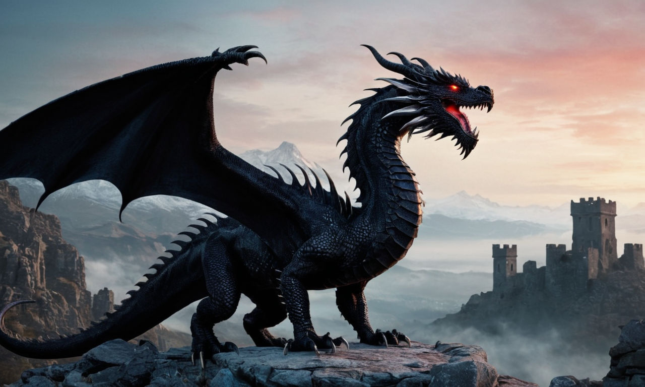 A majestic black dragon with glowing red eyes and sharp silver scales standing in a fantasy landscape with ruins, misty mountains, and a moonlit sky. The dragon is depicted using powerful elemental abilities, exuding a sense of mystery and power fitting for a strategic game setting.
