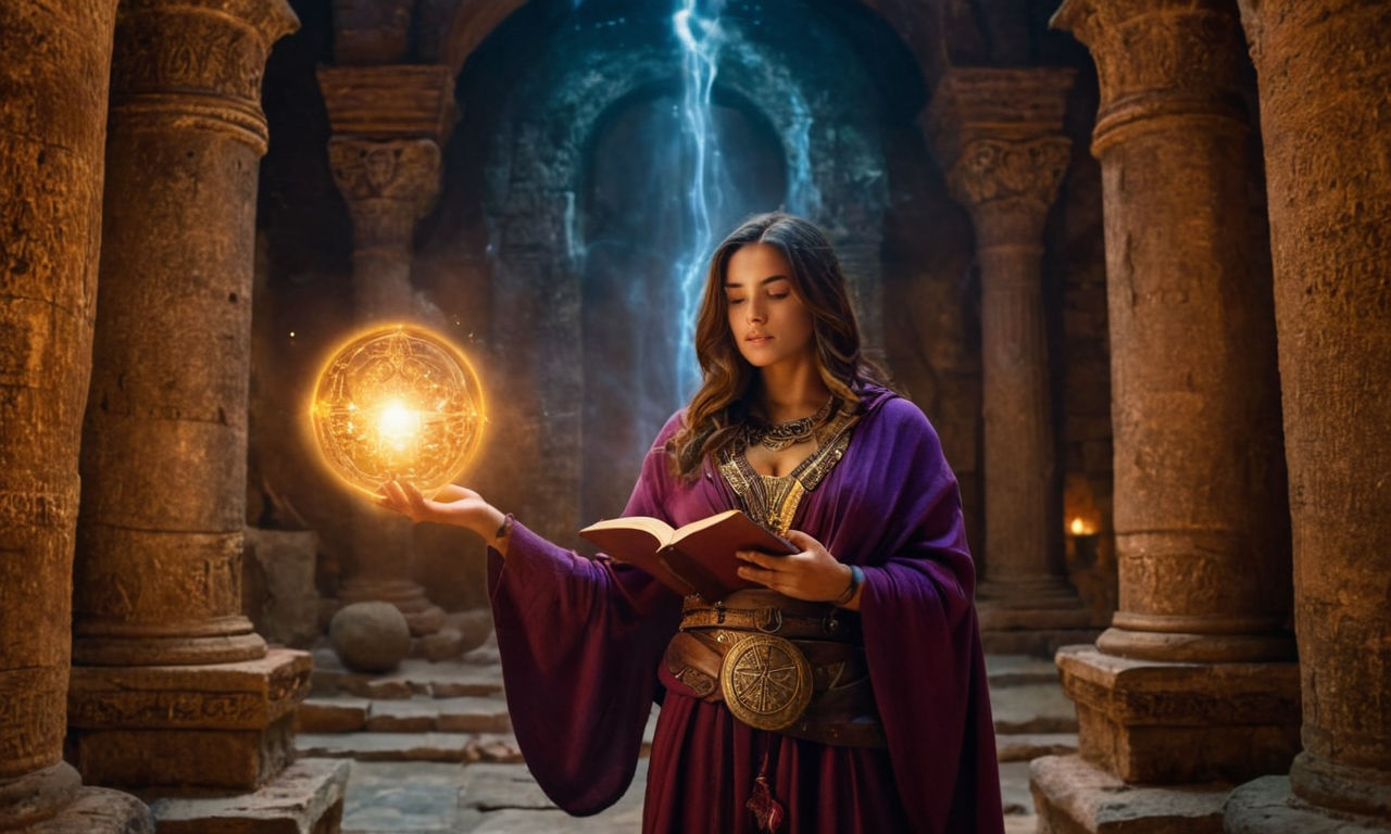 A vibrant and colorful fantasy hero with flowing robes holding a magical book, surrounded by glowing orbs and mystical symbols. The hero stands in a mystical environment filled with ancient ruins and mystical energy, symbolizing power and wisdom.
