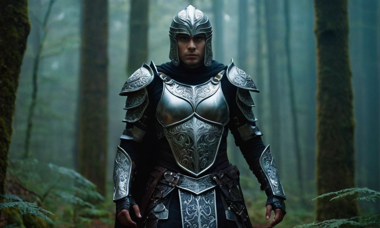 A majestic fantasy-themed warrior wielding dark magic, armored in intricate black and silver armor, standing confidently in a mystical forest setting with glowing runes and magic in the background. The warrior exudes power and mystery, ready for battle in a visually stunning and immersive environment.
