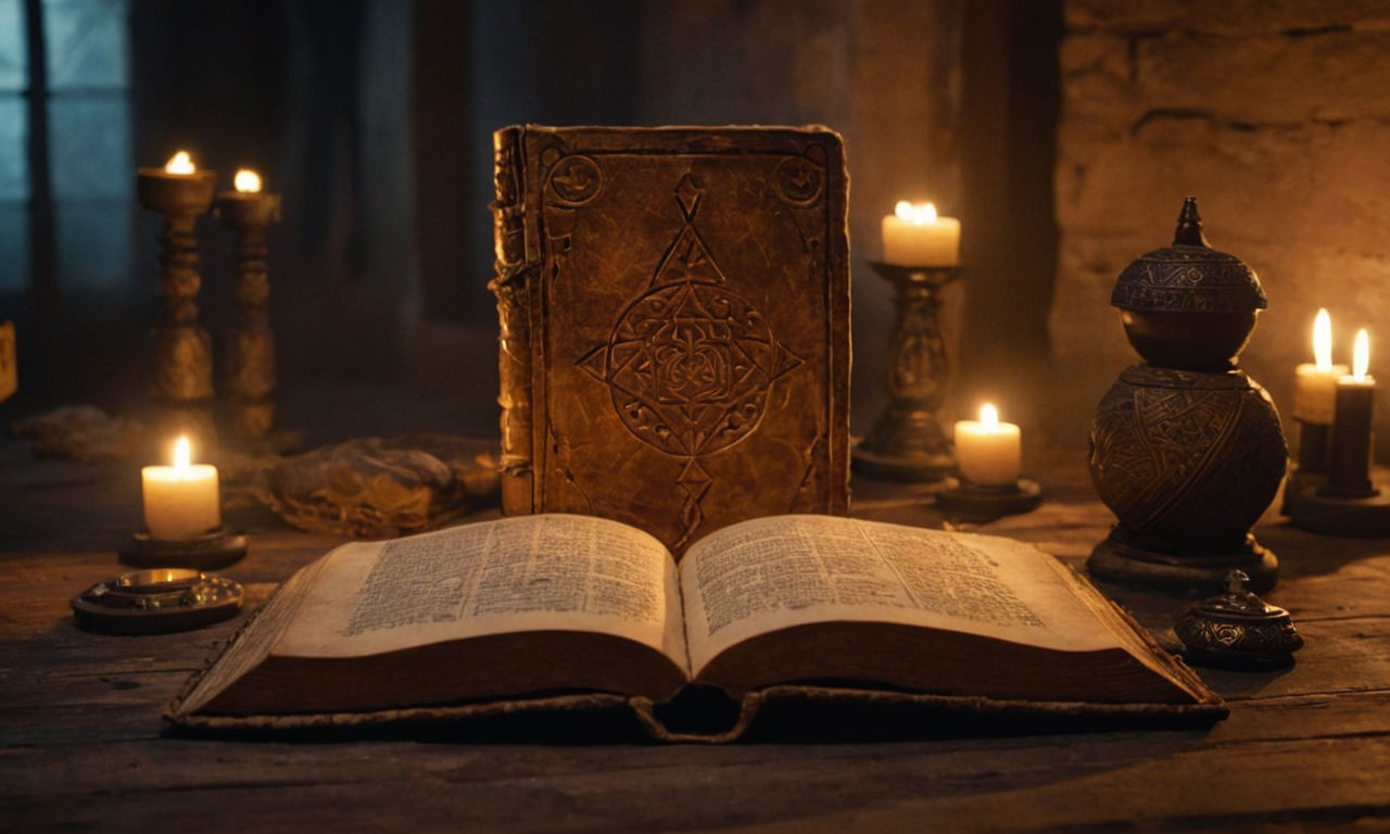 A mystical ancient book glowing with magical runes and symbols, surrounded by a soft light in a dimly lit room. The book is open, revealing intricate details and wisdom, perfect for enhancing heroes and upgrading buildings in a strategic mobile game setting.
