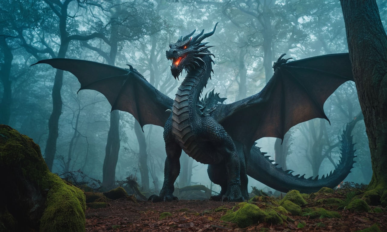 Majestic fantasy dragon in a dark forest, standing tall with glowing eyes, surrounded by mist and ancient trees, creating a mysterious and magical atmosphere
