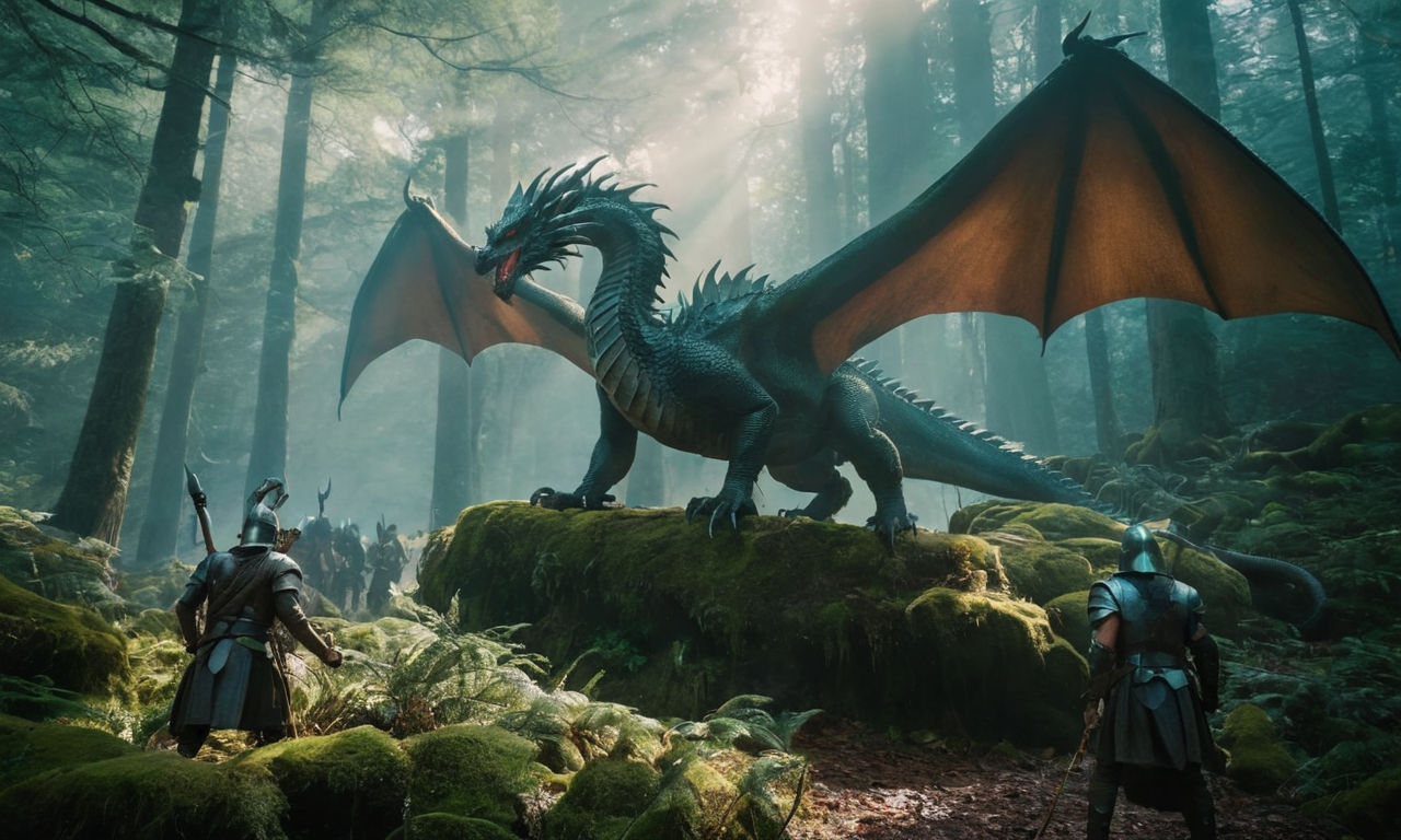 A majestic dragon with glowing scales and sharp claws in a mystical forest setting, surrounded by brave heroes wielding powerful weapons and magical gear. The scene conveys a sense of teamwork and strategy, showcasing a group of adventurers preparing to engage in an epic battle.
