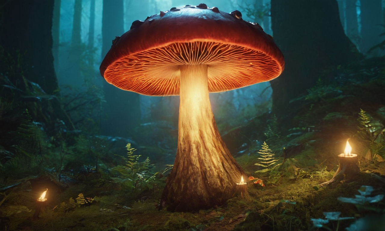 A magical, glowing Devil's Cap mushroom surrounded by mystical energy, showcasing its powerful and strategic significance in a fantasy-themed mobile RPG game environment. The scene highlights the item's mystical properties and its potential for enhancing gameplay experiences.
