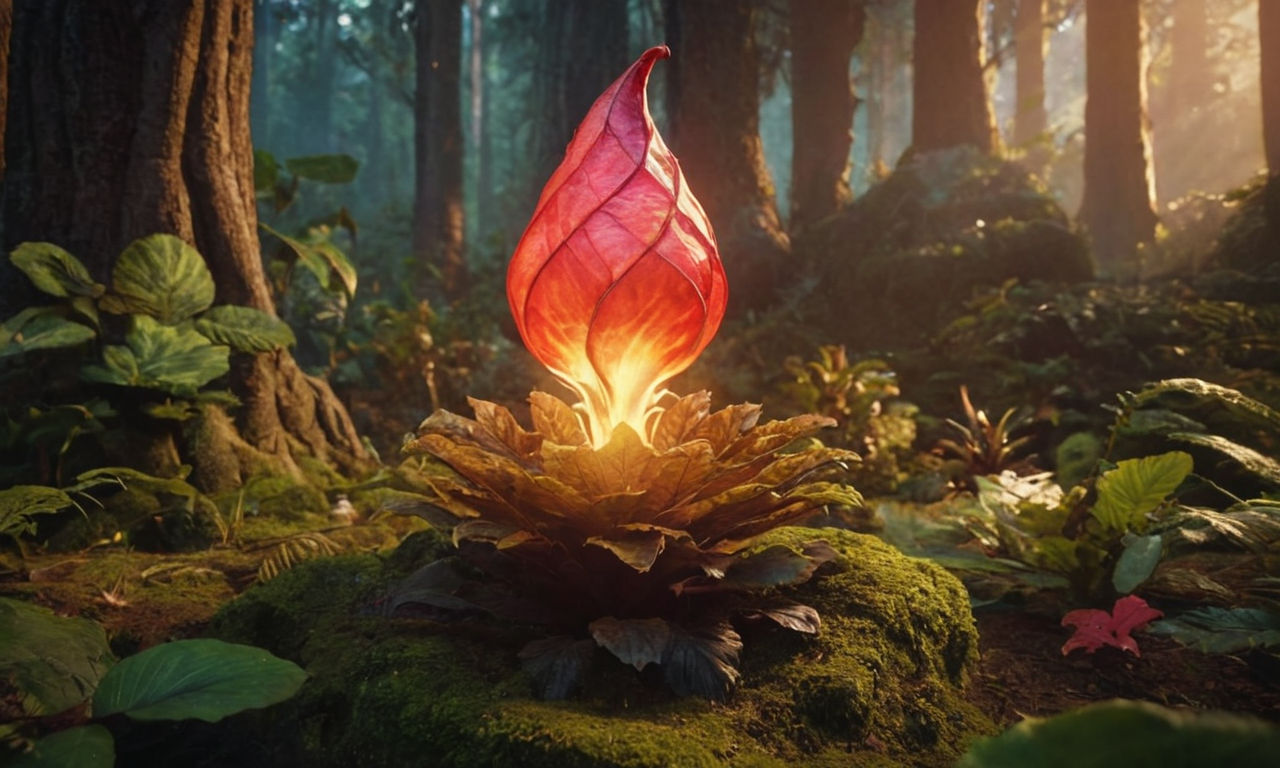 Detailed image prompt: 
A mystical, glowing Devil's Cap plant surrounded by a magical aura in a fantasy setting. The plant is rich in detail with intricate leaves and vibrant colors, symbolizing its potent effects in a strategic mobile RPG game. The background features a mysterious forest setting with hints of ancient ruins, creating an atmosphere of discovery and powerful gameplay enhancements.
