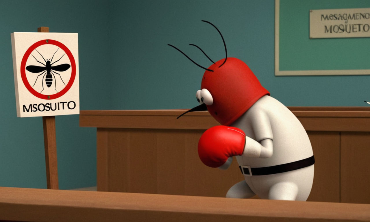 A whimsical cartoon illustration featuring humorous revenge ideas: Mosquito wearing boxing gloves, mosquito trap with a tiny "Beware of Mosquito" sign, a mosquito-sized courtroom with tiny gavels and judges. The scene portrays imaginative and impractical tactics for retaliating against mosquitoes in a light-hearted and creative manner.

