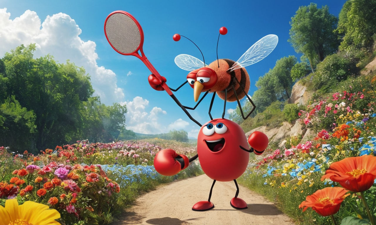 A whimsical and humorous image prompt could be: A cartoonish mosquito wearing boxing gloves, facing off against a tiny human figure holding a giant fly swatter in a playful and exaggerated manner. The setting is a colorful and whimsical outdoor scene with oversized flowers and a bright blue sky, conveying a light-hearted and playful approach to dealing with pesky mosquitoes.
