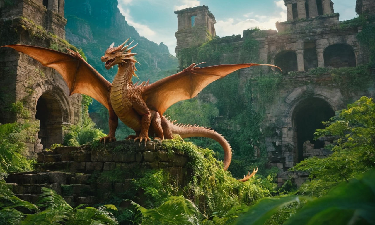 Stunning fantasy dragon in a mystical landscape, surrounded by ancient ruins and lush greenery, glowing with magical energy and power.

