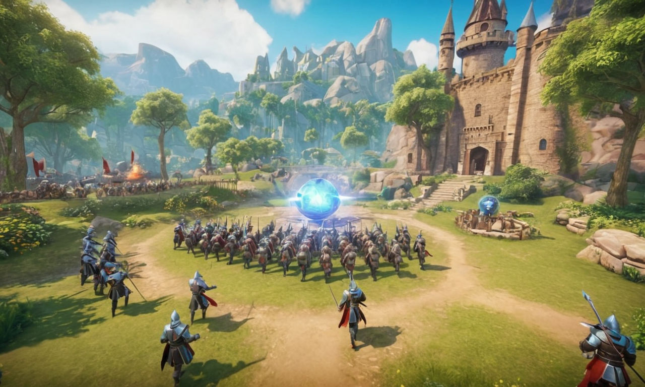 A magical, ethereal light orb hovering above a medieval battlefield, surrounded by troops clad in armor, swords drawn. The scene captures the essence of strategic gameplay in Lords Mobile, showcasing the optimal performance of Lightweaver's abilities in the midst of combat. The background features a mix of rocky terrain and lush greenery, hinting at the diverse environments where Lightweaver can excel.
