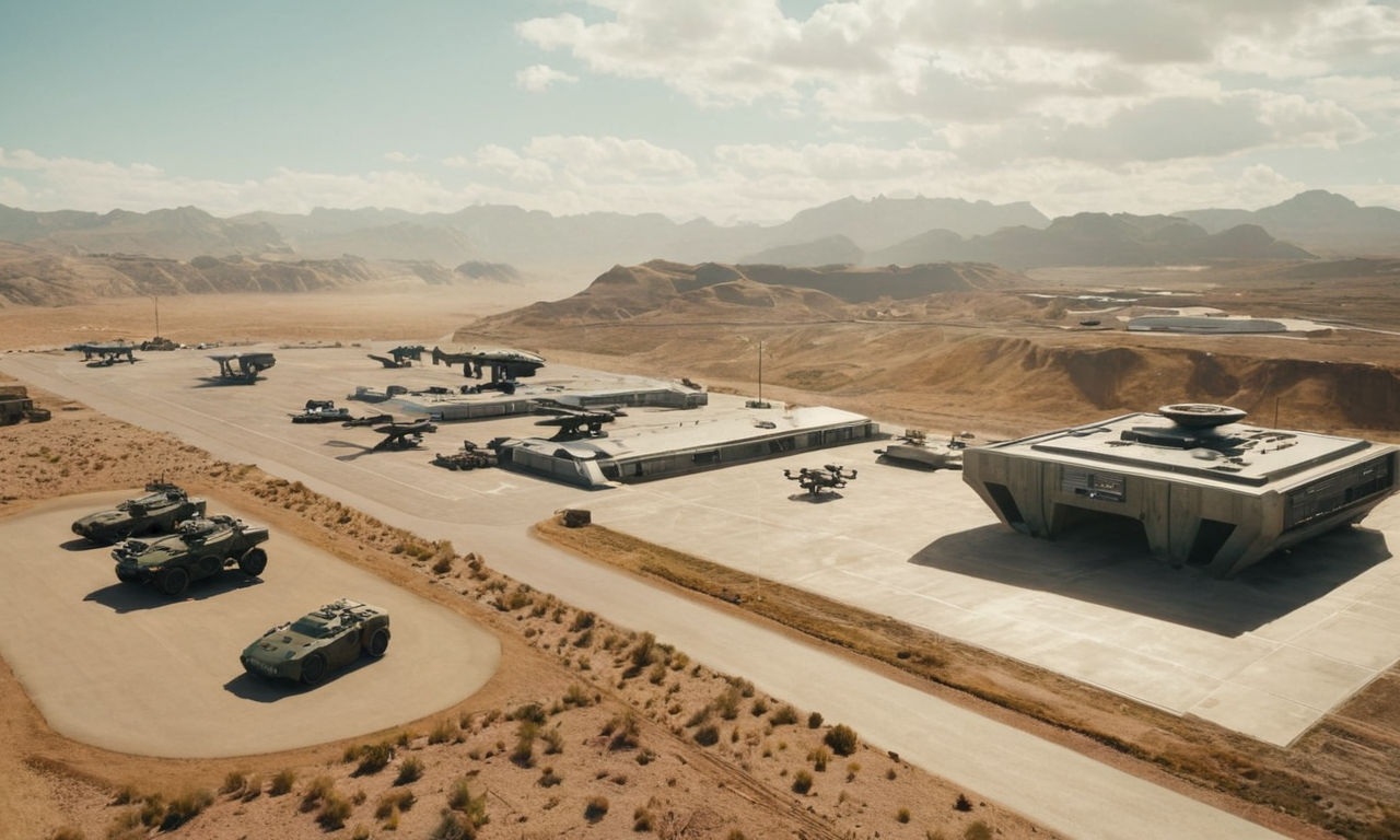 A futuristic, sleek, and high-tech army base with advanced vehicles and drones, symbolizing optimization and speed in mobile gaming. The scene should convey a sense of strategic planning and efficiency.
