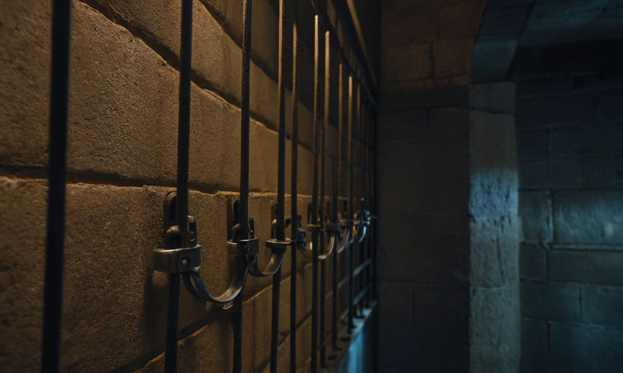 A dark and intimidating prison cell with steel handcuffs hanging on the wall, dimly lit with ominous shadows, highlighting the strategic use of steel cuffs in Lords Mobile.
