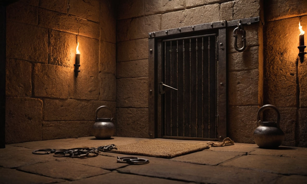 A detailed and intricate illustration of a medieval-themed prison cell featuring steel handcuffs, a sturdy iron door with a small window, dim torch lighting, and straw bedding. The image should convey a sense of capturing and detaining enemy leaders within the game, showcasing the strategic use of steel cuffs for maximum advantage.
