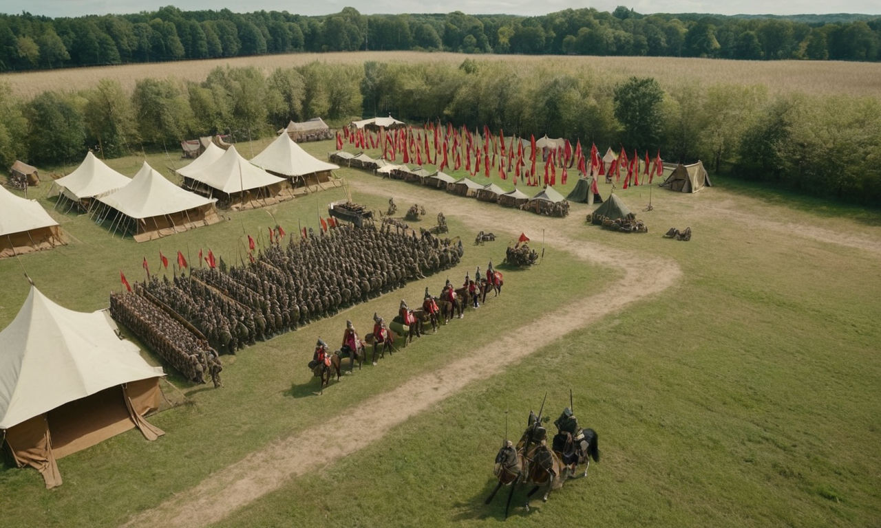 A powerful army camp with medieval-inspired tents and banners, training grounds filled with troops practicing combat formations, strategic war maps with markers indicating coalition alliances, in a vibrant and dynamic setting.
