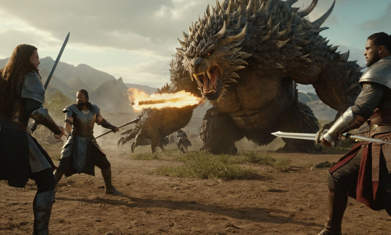 A fierce and epic battle scene featuring a diverse lineup of fantasy heroes standing together, showcasing their unique abilities and preparing to confront a powerful monster. The heroes should be armored, wielding various weapons and magic, with a dynamic background of a dark, ominous battlefield setting to capture the intensity of the encounter.
