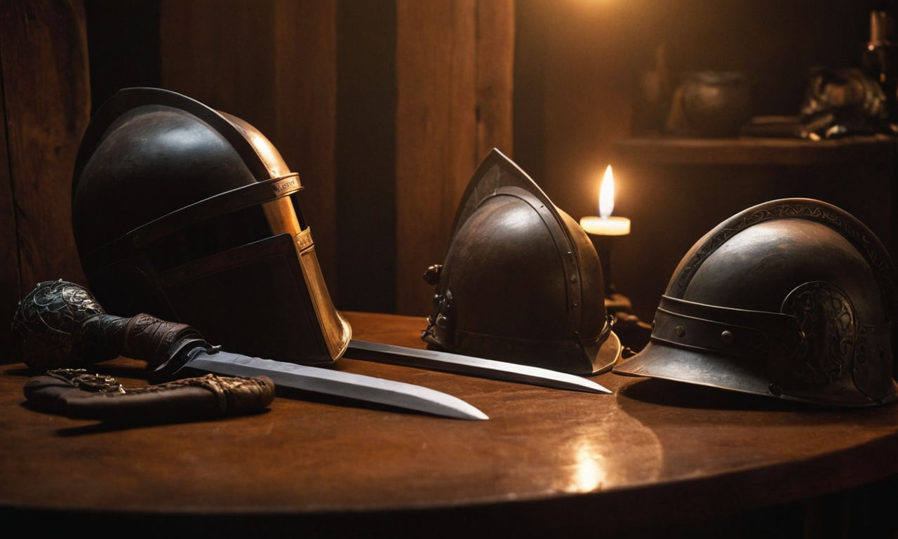 Image prompt: 
A collection of epic fantasy weapons and armor, including swords, shields, and helmets, displayed on a polished wooden table with a dramatic lighting setting. These items symbolize the best gear and equipment choices for a powerful hero in a magical world.
