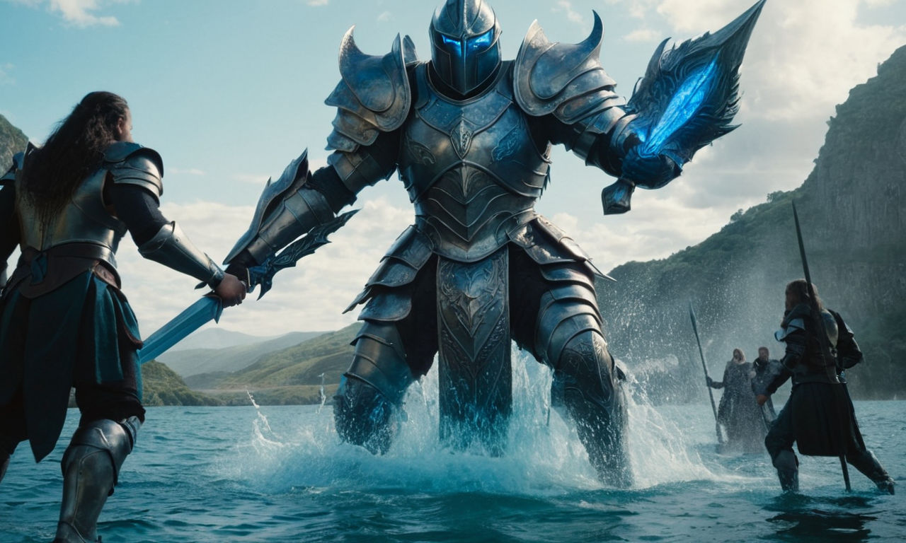 Sword-wielding knight in shining armor standing bravely against a massive water monster, glowing blue eyes, powerful magical shield, surrounded by a team of diverse heroes with various weapons and abilities, epic fantasy battleground setting.
