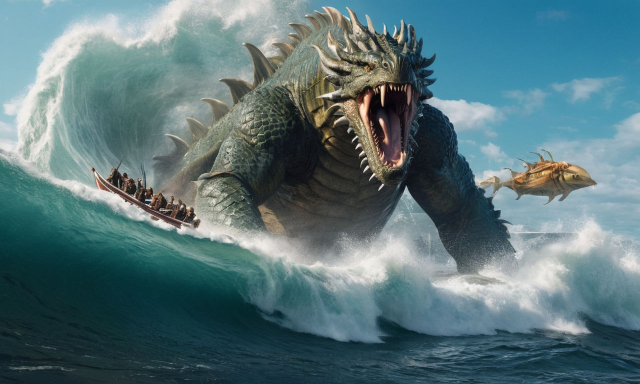 A majestic sea monster emerging from the ocean waves, surrounded by a group of powerful heroes ready for battle. The heroes are wielding a variety of weapons and displaying their unique abilities, showcasing teamwork and strategy in preparation to face the Tidal Titan. The ocean background is tumultuous, hinting at the epic battle about to unfold.
