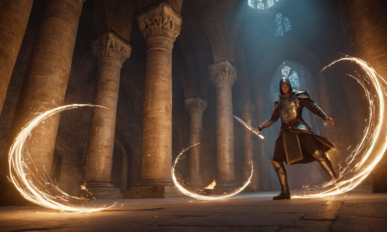 Image prompt: 
A mystical, agile Trickster character wielding magical daggers in a strategic stance, surrounded by a swirl of glowing energy. The background shows a dynamic battlefield setting with medieval architecture and fantasy elements, enhancing the theme of mobile RPG gaming.
