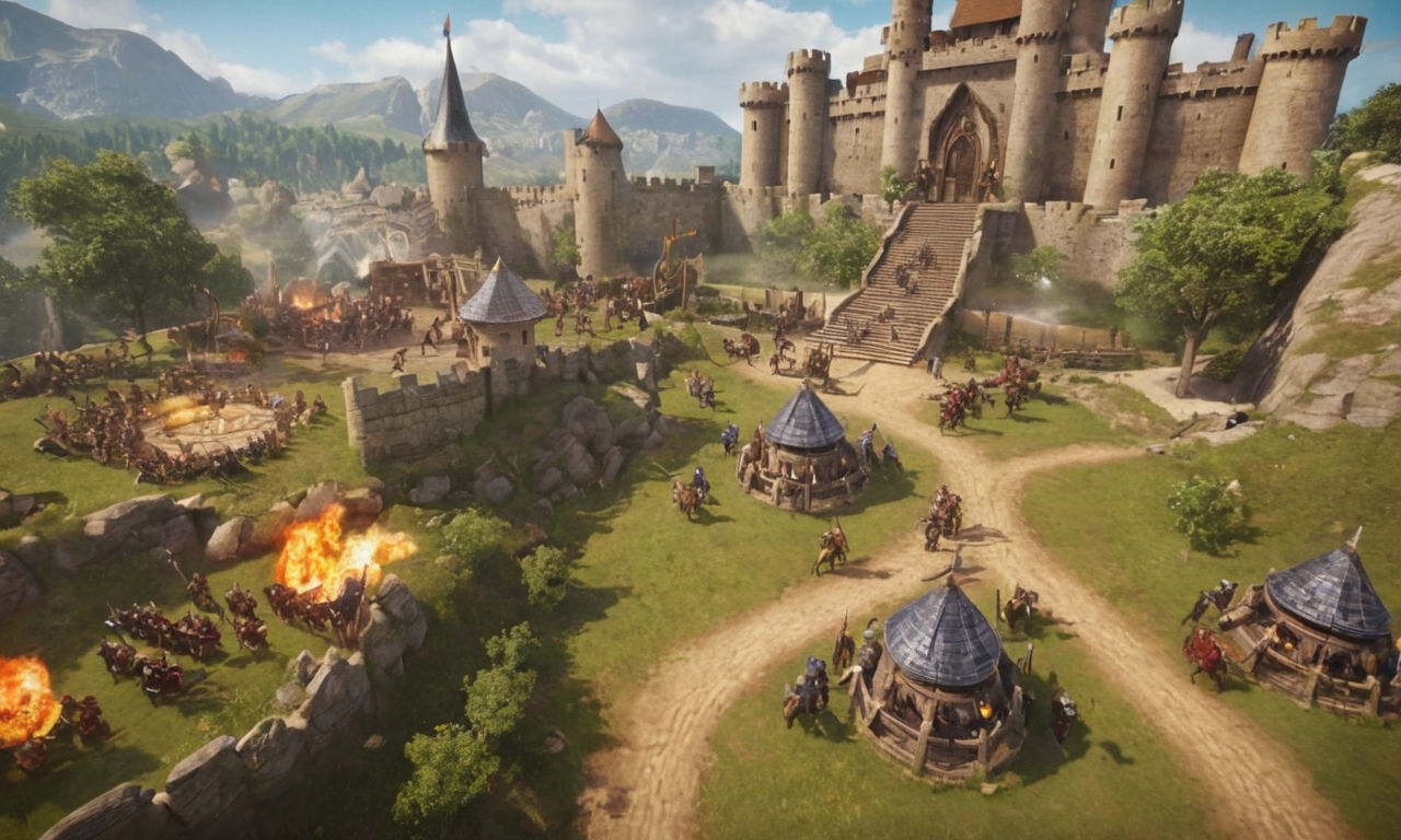A vibrant and epic fantasy battlefield setting with castles, troops, and powerful heroes engaged in a fierce clash. The scene is filled with strategic elements like traps, defenses, and magical spells being cast. The focus is on the final showdown, showcasing intensity and determination as players push through Stage 7-14 of a mobile game.
