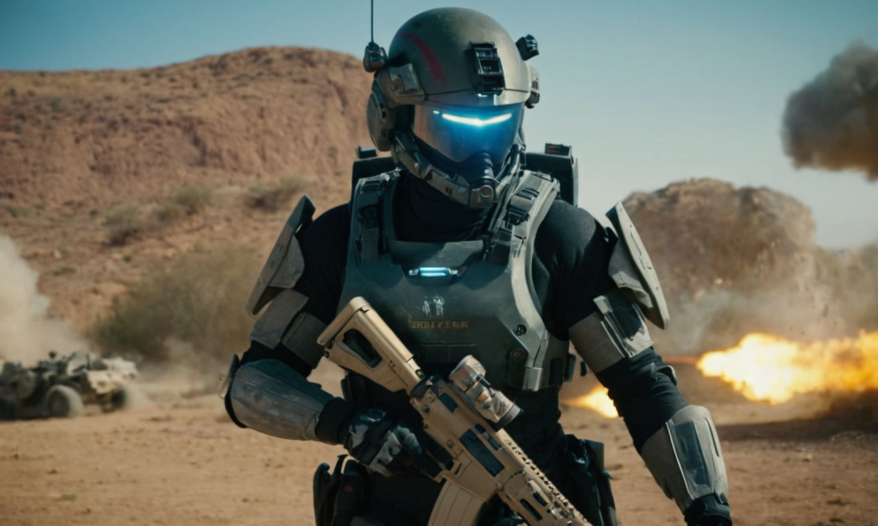 Image of a futuristic soldier equipped with advanced armor and weapons, strategically using an armor-buster gadget in combat. The scene conveys intense tactical gameplay, showcasing the soldier deploying Armor Buster to overcome heavily armored foes in a detailed, high-tech environment with a focus on combat efficiency and strategy.
