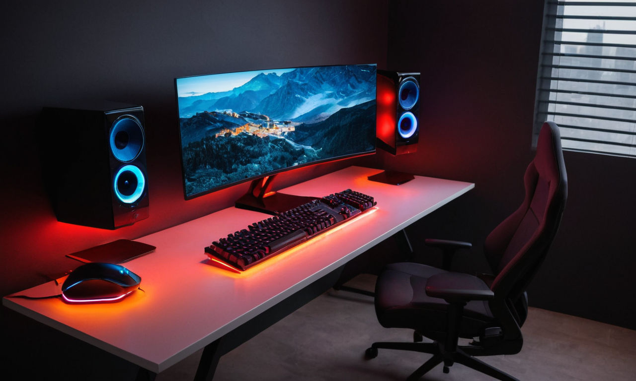 Image prompt: 
A sleek and modern gaming setup featuring a high-end gaming PC with colorful RGB lighting, ultra-wide curved monitor, mechanical gaming keyboard, and ergonomic gaming mouse on a stylish desk. The room is dimly lit to enhance the gaming ambiance.

