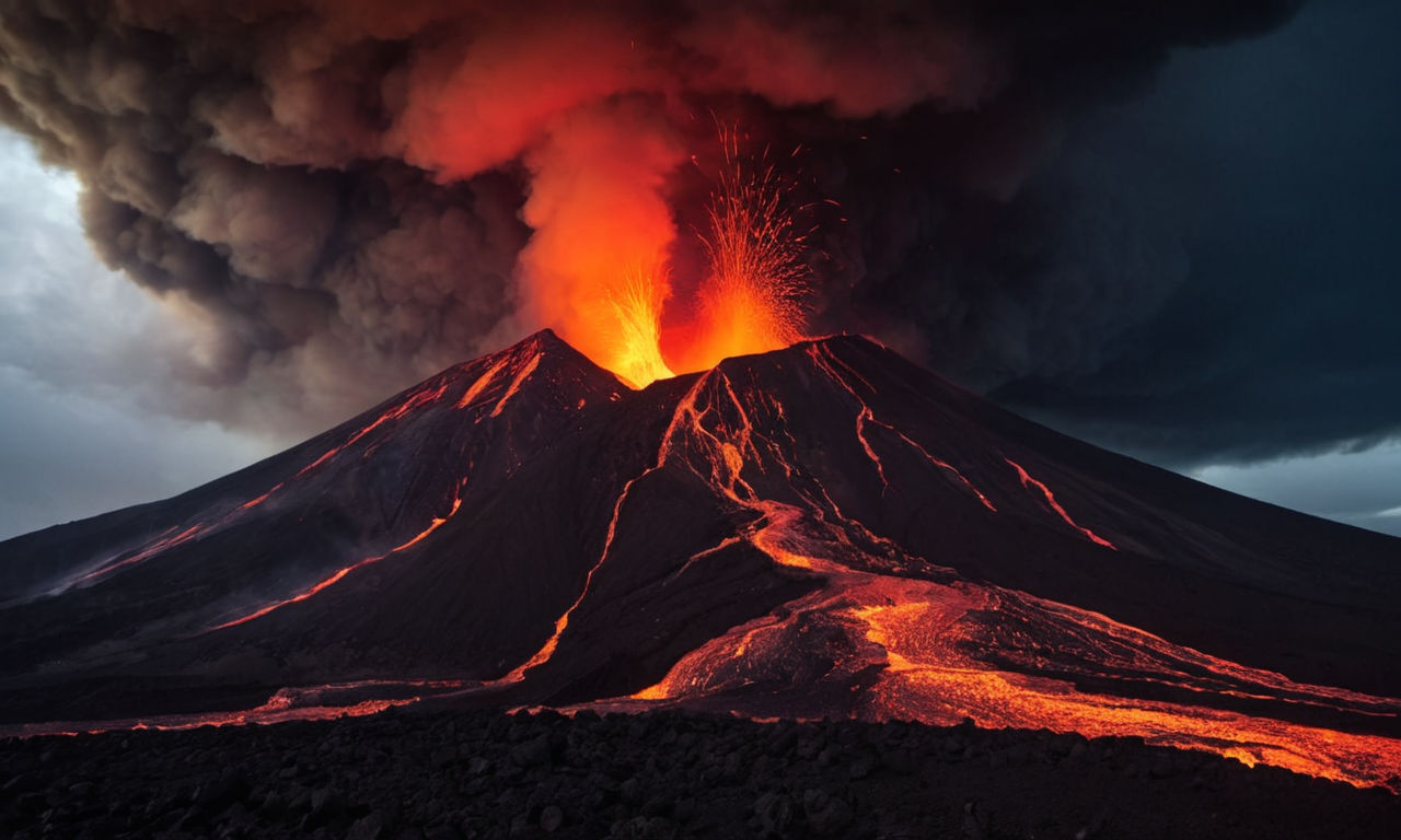 A simmering volcano with intense red and orange lava bubbling against a dark, ominous sky, showcasing a powerful and angry natural phenomenon.
