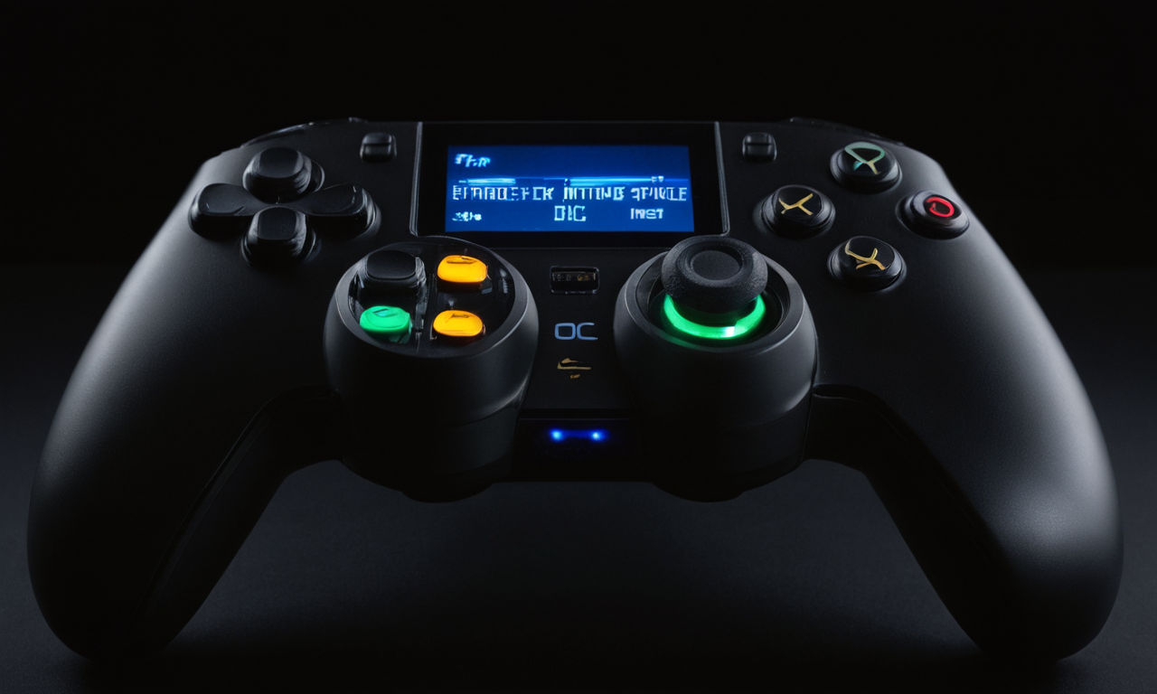 A high-tech, sleek and futuristic video game console controller with illuminated buttons and a digital display, set against a dark background to represent enhanced gameplay features in a deluxe edition.
