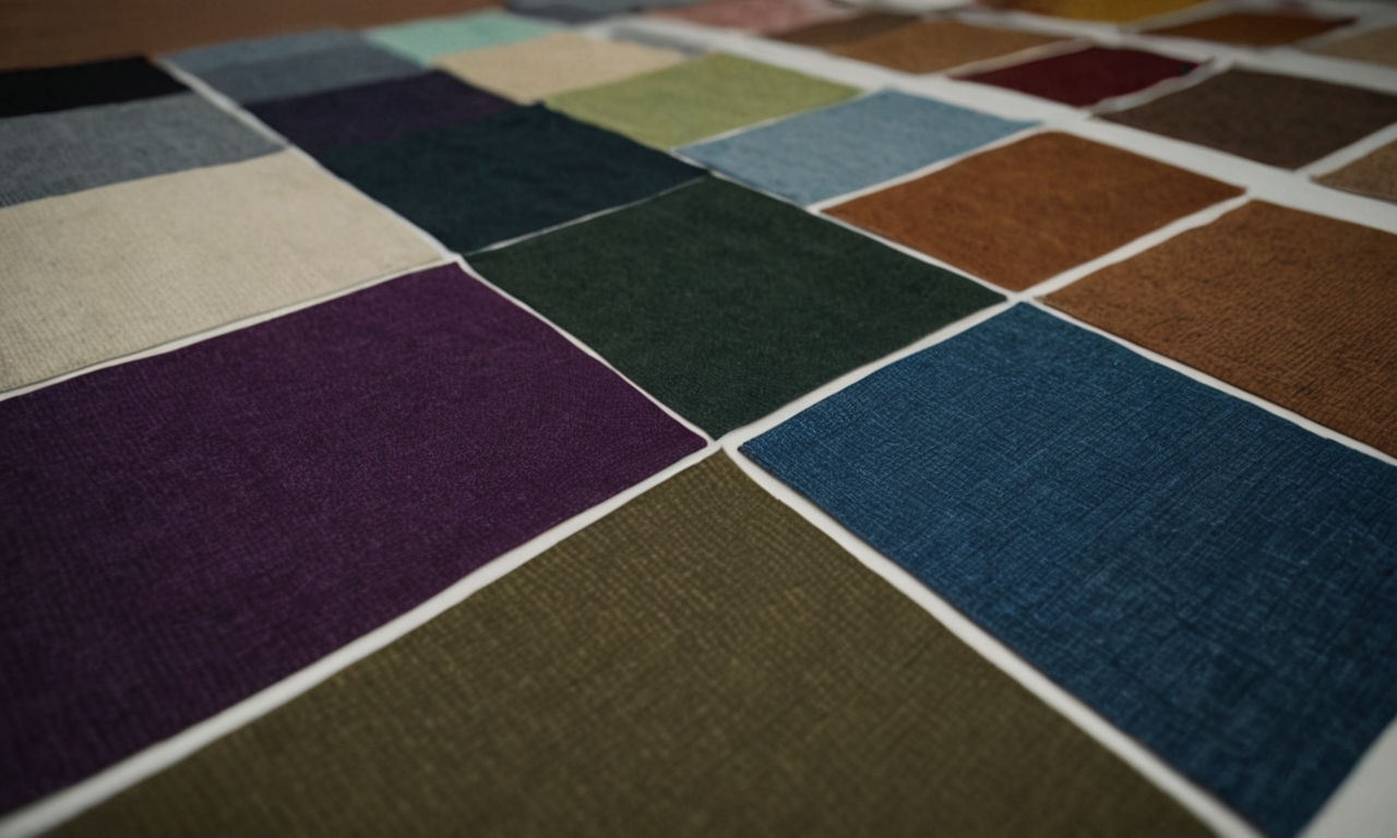 An image of various textures and patterns of fabric swatches, showcasing different materials like cotton, wool, synthetic blends, and more. Each fabric swatch should be detailed and colorful, representing the diverse choices available for clothing in a survival game setting like RimWorld.
