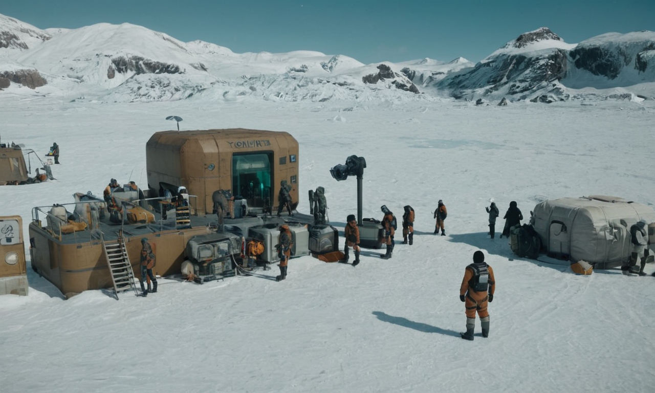 A futuristic space colony with various colonists wearing different types of clothing made from advanced fabrics like synthetics and organic materials, set against a backdrop of diverse environmental conditions like icy tundras, lush jungles, and barren deserts. The image showcases the contrast between the protective, durable clothing options and the challenging survival scenarios faced by the colonists in RimWorld.
