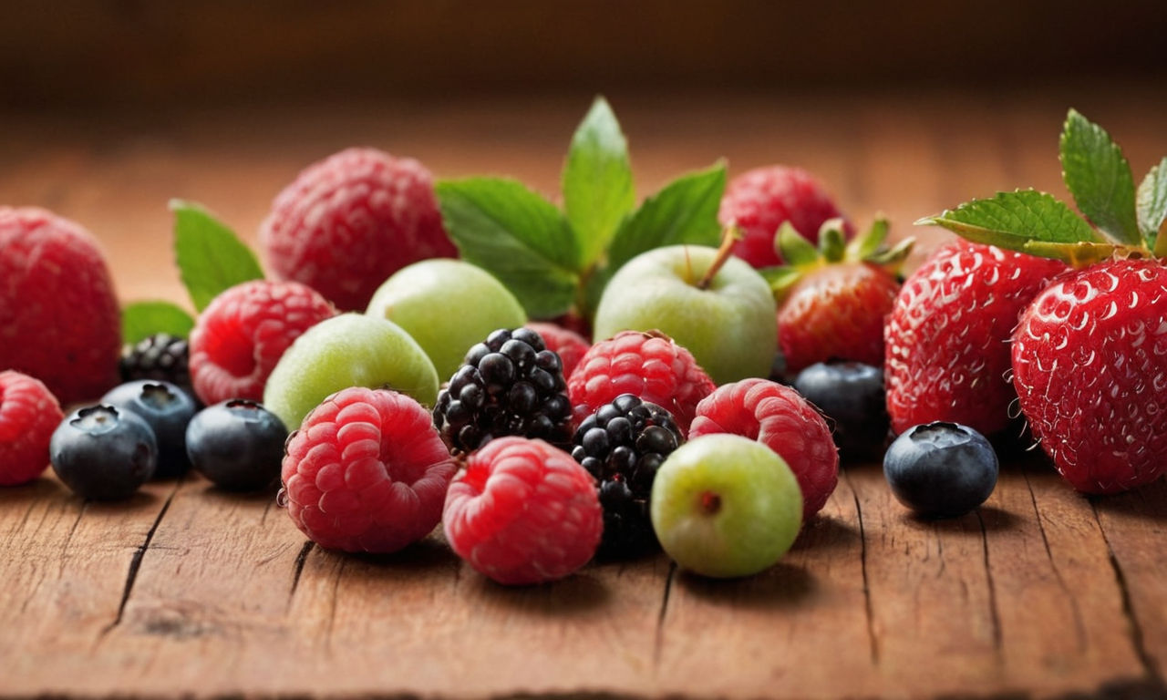 Image prompt: 
An array of colorful and vibrant berries arranged neatly on a wooden table with soft lighting. Each berry variety is distinct in shape and color, showcasing a diverse selection. The image conveys a sense of freshness and variety, perfect for illustrating different types of berries for optimal usage in Pokemon battles, healing, and enhancing Pokemon abilities.
