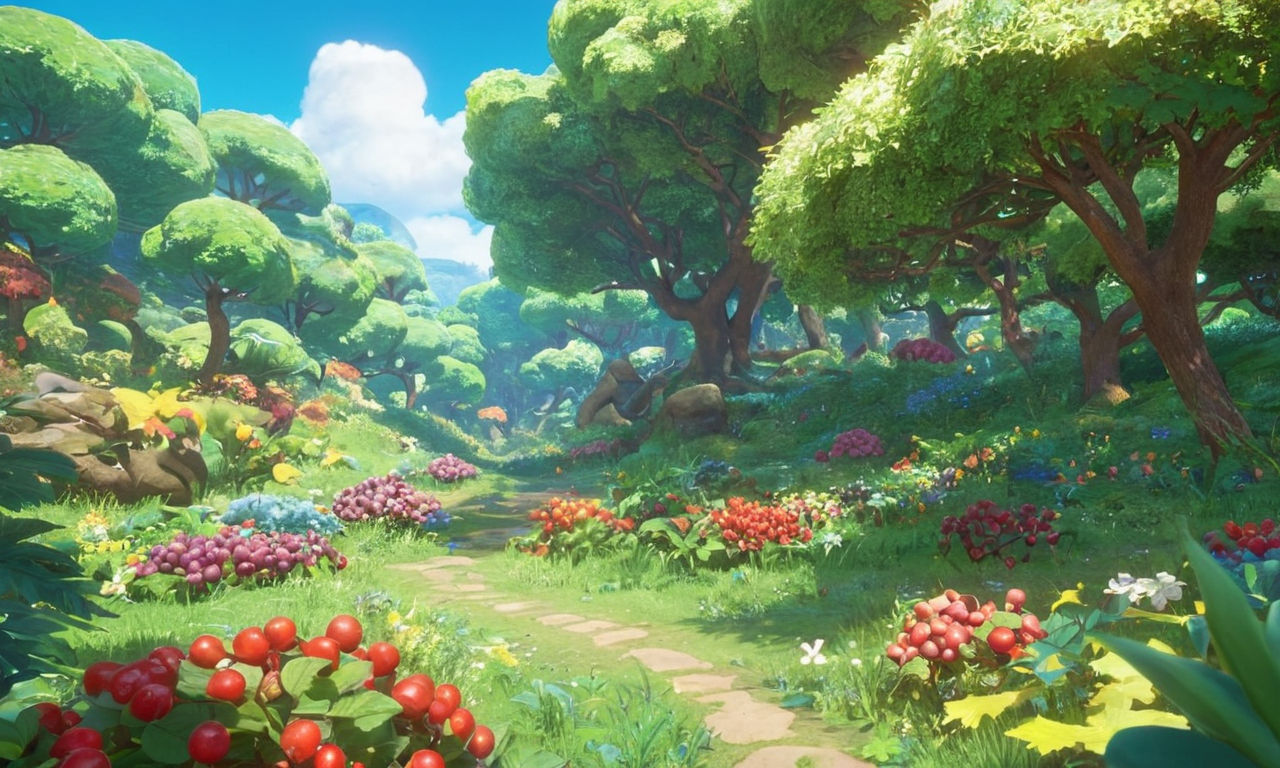 Image prompt: 
A variety of colorful berries like Pecha, Oran, and Sitrus scattered in a lush, vibrant Pokemon forest setting. Berries dangling from lush green bushes and trees under a clear blue sky, capturing the essence of foraging for berries in Pokemon Sword and Shield.
