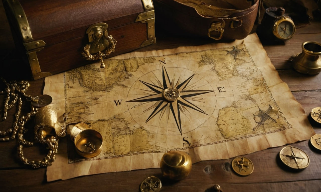 A treasure map with a marked "X," surrounded by golden coins, jewels, and an old pirate compass on a wooden table. Treasure chest filled with shiny loot, a pirate hat, and a spyglass arranged nearby.
