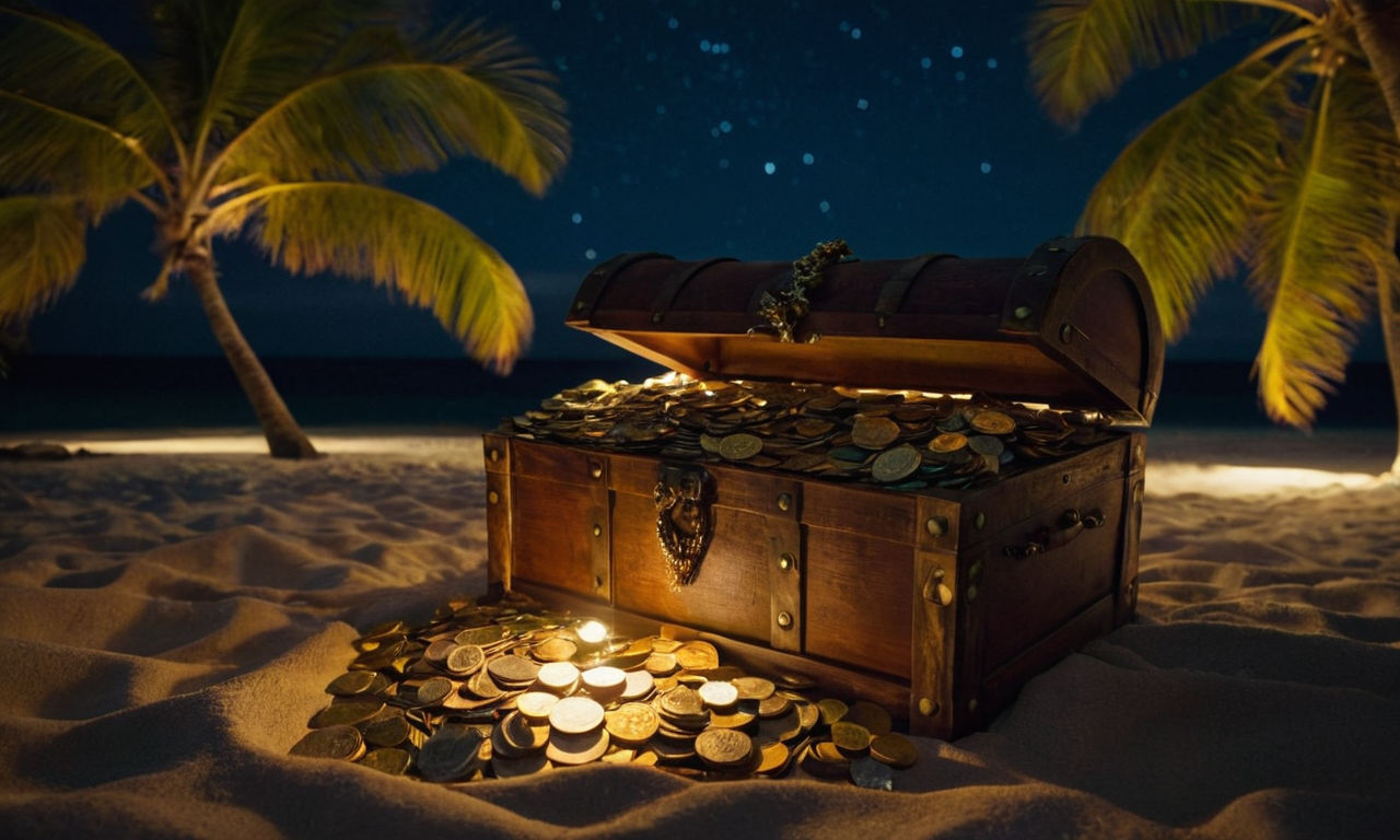 A mystic pirate chest glowing with enchantment, surrounded by ancient coins, overflowing with shiny jewels, and wrapped in old, tattered maps on a deserted tropical island under a starry night sky.
