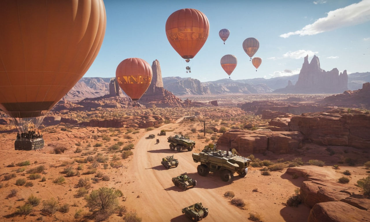 A futuristic tower defense game setting with advanced anti-MOAB towers strategically placed, upgraded with glowing enhancements, and targeting massive MOAB class balloons in action.
