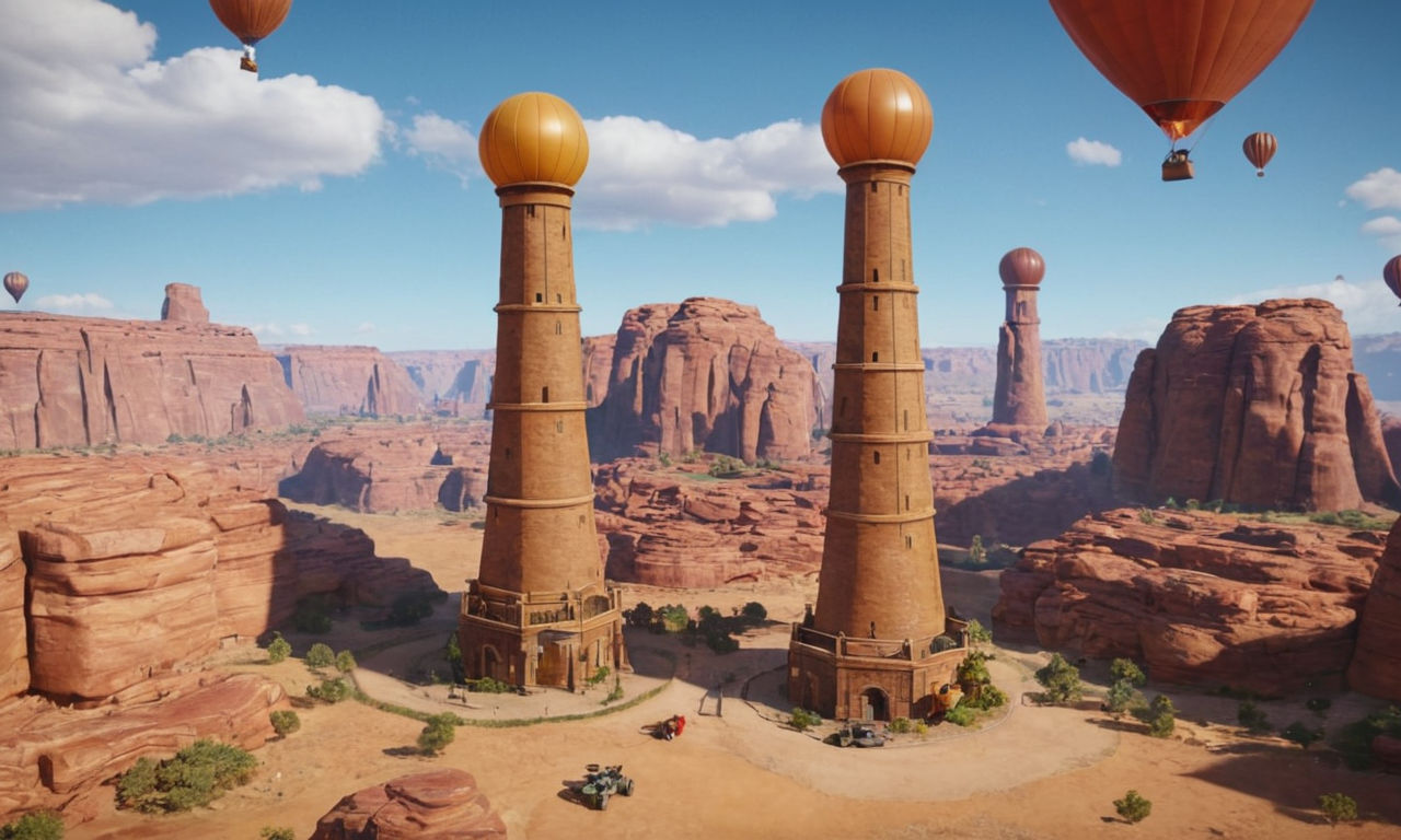 Tower defense game scene featuring a variety of powerful and upgraded towers strategically placed to combat incoming MOAB balloons. Show a mix of different tower types working together efficiently against the MOABs. Vibrant colors and detailed design to highlight the strength of the defense system.
