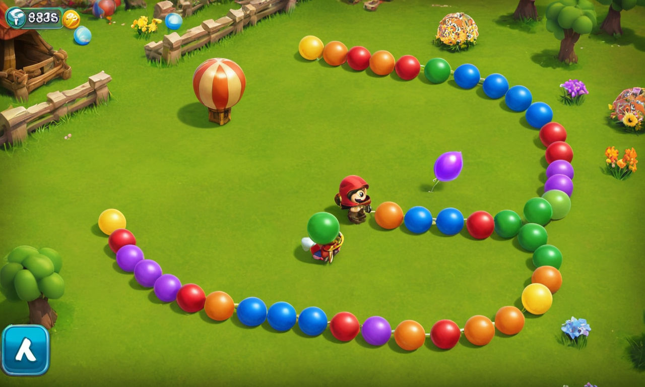 A vibrant and challenging gameplay scene featuring a variety of colorful and strong bloons in a defense game setting. Show a mix of different bloon types, each with unique characteristics and defenses, requiring strategic planning and effective tactics to counter them successfully. Display a dynamic and engaging image that captures the intensity of dealing with the strongest bloons in a visually appealing way.
