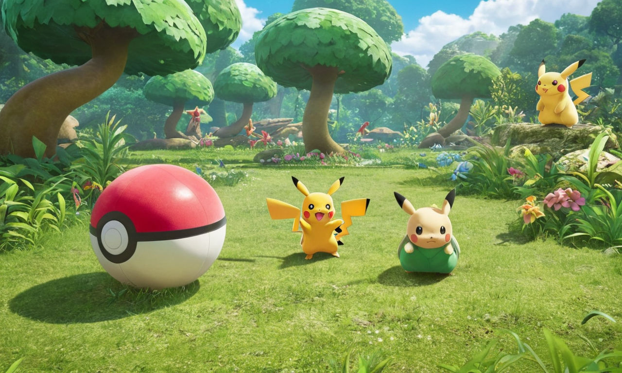 Vibrant and lush forest scene with a variety of different grass-type Pokémon scattered around. Each Pokémon showcasing unique combat stances and poses, highlighting their diverse strengths and abilities. The setting captures the essence of a strategic battle arena, perfect for showcasing the top 10 best grass-type Pokémon in Pokémon Let's Go.
