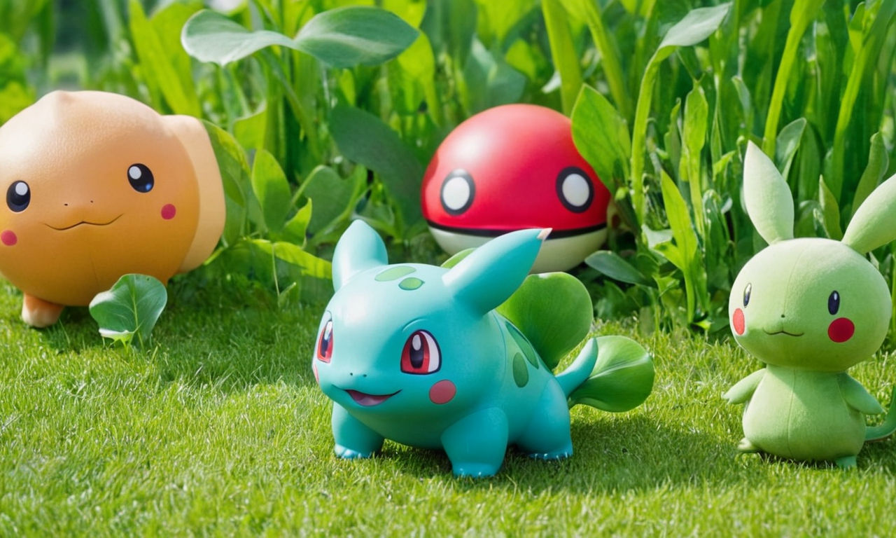 Lush green grass field with various grass-type Pok�mon such as Bulbasaur, Oddish, and Bellsprout roaming around, showcasing a diverse range of grass-type Pok�mon for optimal selection and battle strategies.
