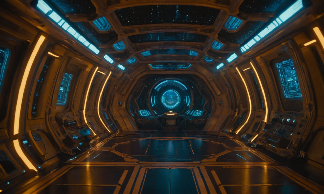 A futuristic alien spaceship interior with intricate designs and advanced technology, glowing lights illuminating a sci-fi setting, creating a sense of suspense and mystery.
