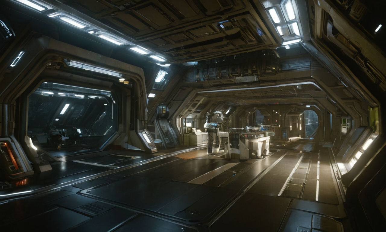 A futuristic space station interior with advanced technology and intricate details, reflecting the merging expertise between Alien Isolation's lead designer and Rare for the development of Everwild. This image captures the essence of suspense and narrative-driven gameplay potential in their collaboration, hinting at exciting new elements to be integrated into the game.
