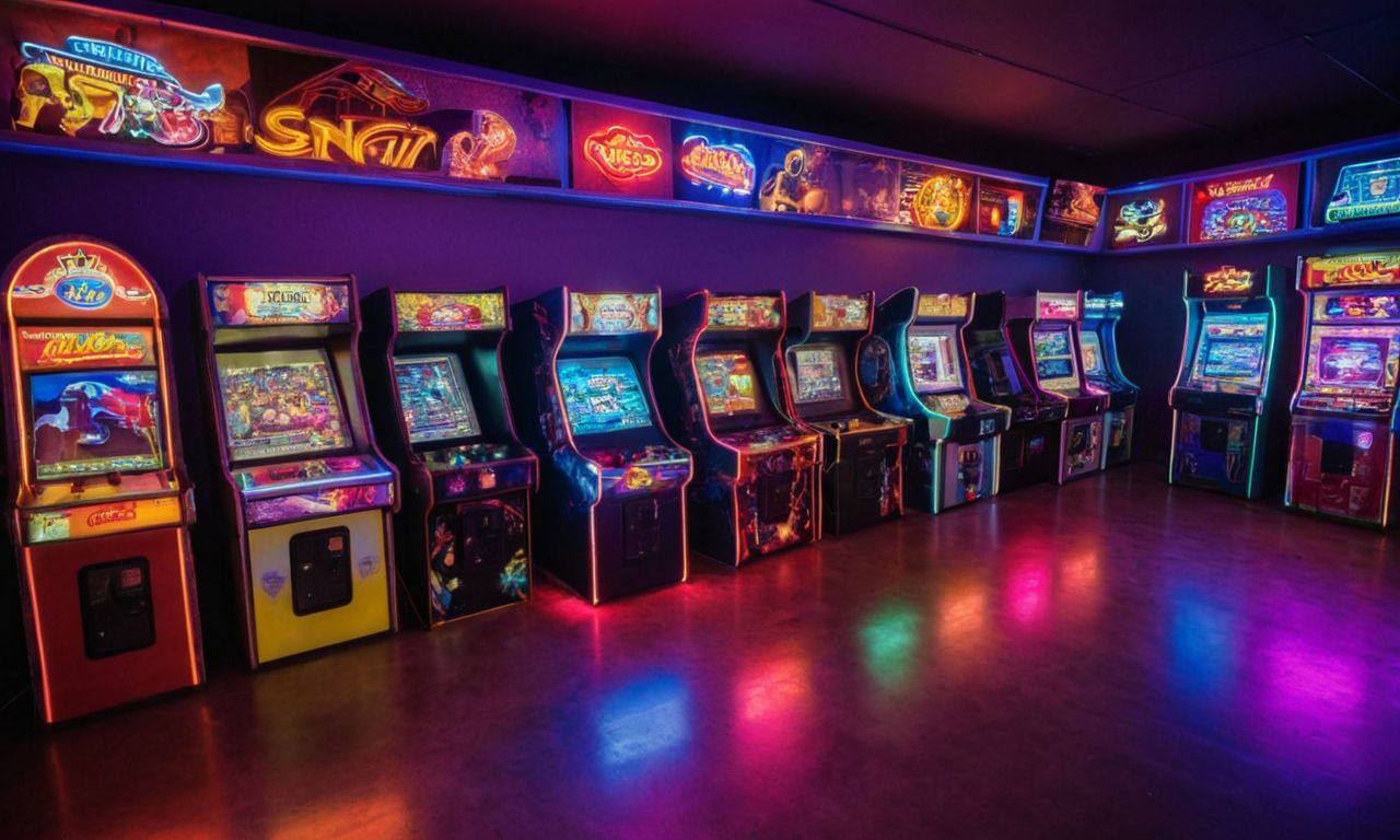 An immersive virtual tour image prompt showcasing a vibrant retro gaming floor with classic arcade machines, colorful neon lights, and nostalgic gaming artwork capturing the essence of Sega's historical impact on the gaming industry. The scene includes a mix of vintage and modern gaming displays, inviting viewers to explore the must-see showcases that celebrate Sega's rich gaming history.
