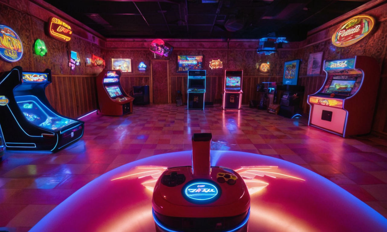 Virtual reality headset displaying a vibrant, retro-inspired virtual game floor with classic Sega arcade machines, glowing neon lights, and pixelated game characters. The scene exudes nostalgia for iconic Sega games, transporting visitors to a bygone era of gaming excitement.
