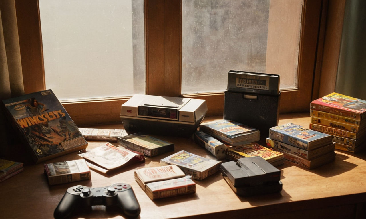 A mysterious and rare gaming prototype sitting on a cluttered desk, surrounded by old dusty game cartridges and vintage gaming magazines. Sunlight filtering through a window, casting a nostalgic glow on the scene, emphasizing the allure of retro gaming collectibles.
